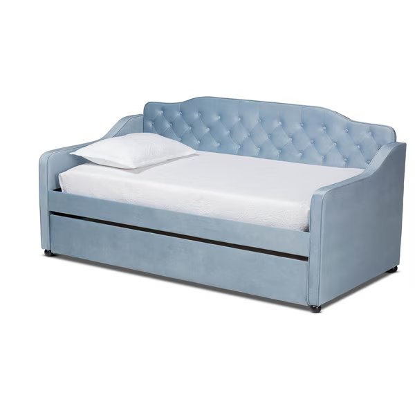 Freda Blue Velvet Upholstered and Tufted Twin Size Daybed with Trundle, Baxton Studio, Mfr#: 163-10329